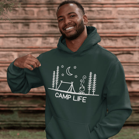 This cozy classic hoodie features a campsite-themed logo with the proud declaration: Camp Life—for those who believe marshmallows are a food group
